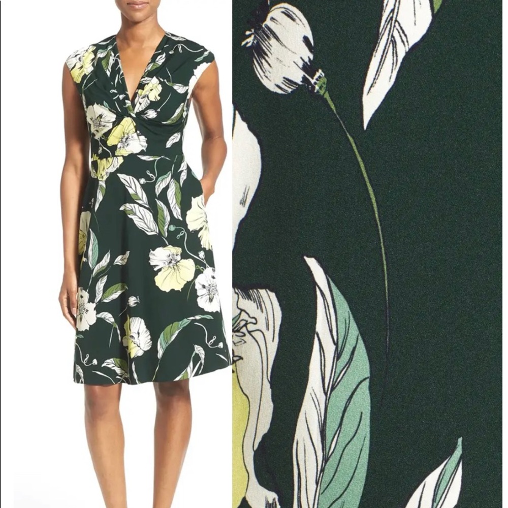 Floral Pleat V-Neck Stretch Silk Dress